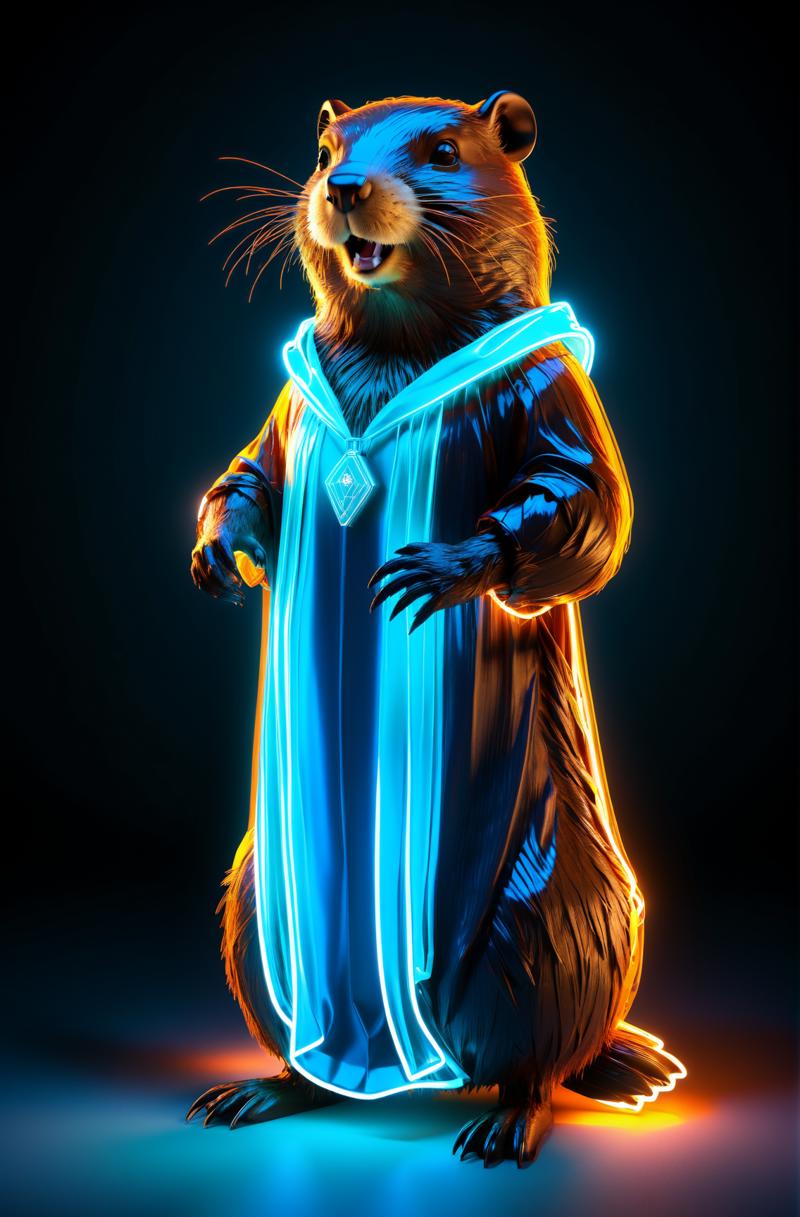 04732-2621365907-Beaver glowing neon blue gown, Realistic style.png